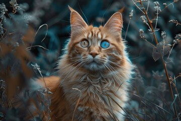 A cat with striking blue eyes sitting in a field. Ideal for pet lovers and animal enthusiasts