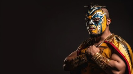A muscular wrestler in elaborate traditional costume and mask poses confidently, highlighting cultural sport