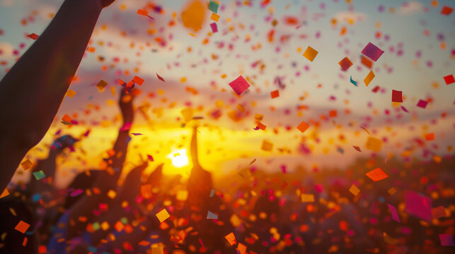 Vibrant image of hands up in celebration during sunset, with flying confetti creating a festive mood