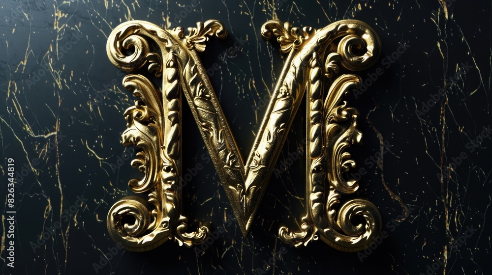Poster Simple and elegant gold letter M on a sleek black background. Perfect for branding and design projects