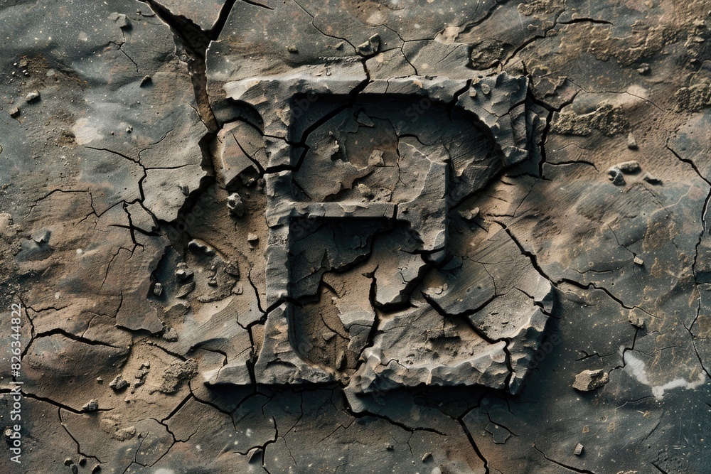 Poster Close up view of the letter E on a cracked surface, suitable for design projects