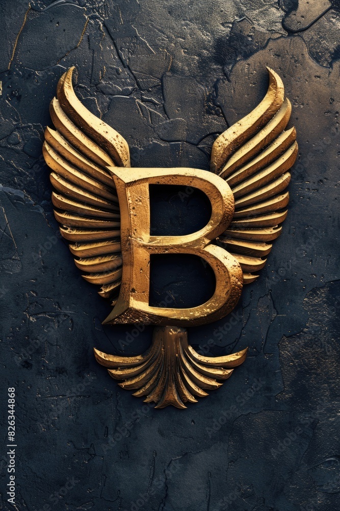 Poster elegant golden letter b with wings on a sleek black background. perfect for branding and design proj