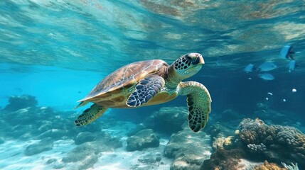 Obraz premium A vibrant image of a sea turtle gracefully swimming underwater among coral reefs, with a diver in the background