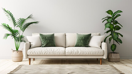 3D mockup of a modern living room with a white wall, green plants, and contemporary furniture