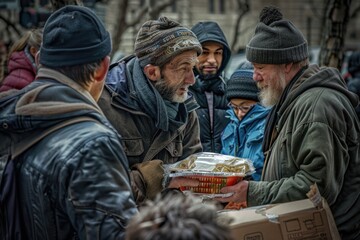 Fototapeta premium A group of people standing around a box of food. Suitable for food donation concepts