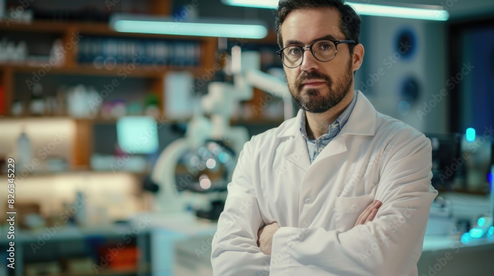 Poster a man in a lab coat standing with his arms crossed. suitable for scientific and research concepts