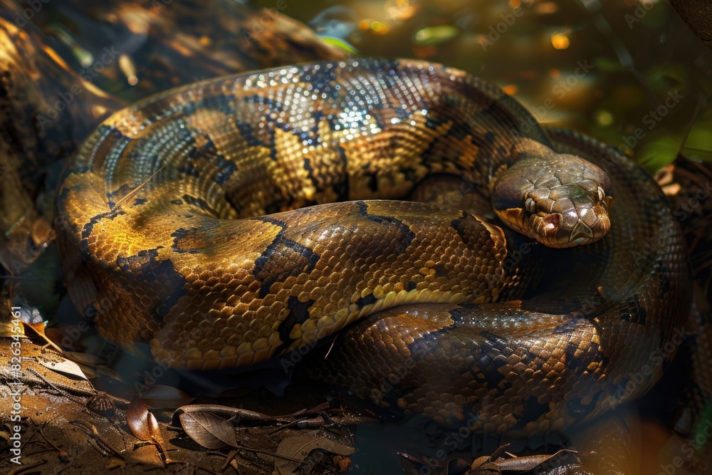 Poster Close up of a snake on a tree branch. Suitable for nature and wildlife concepts