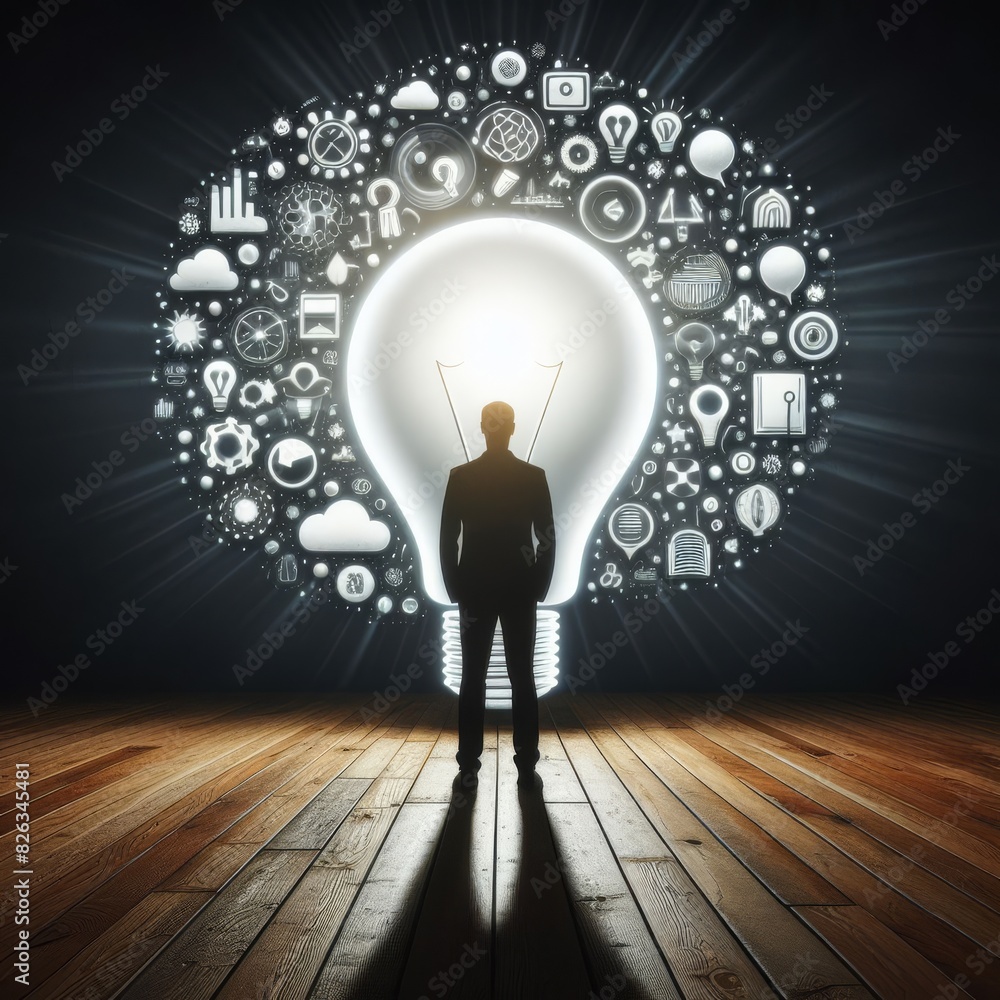 Poster a creative representation of a man standing before a giant lightbulb filled with various icons, symb