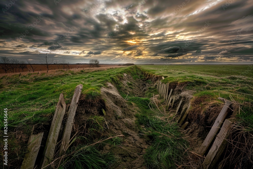 Poster a serene landscape with a grassy field and a rustic fence, under a dramatic cloudy sky. ideal for na
