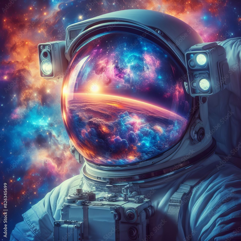 Poster an astronaut with a reflective visor observing a vibrant cosmic explosion, depicted in vivid colors 