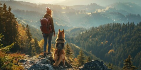 A woman and her loyal dog enjoying the view from the mountain top. Perfect for outdoor and adventure themes - Powered by Adobe