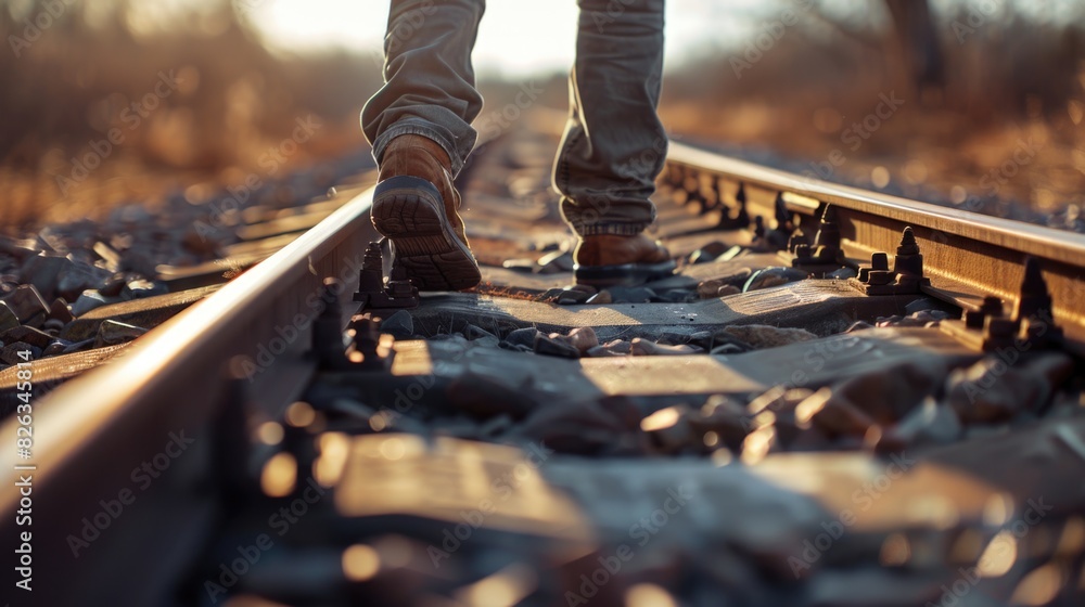 Poster a person standing on the train track. suitable for transportation concepts