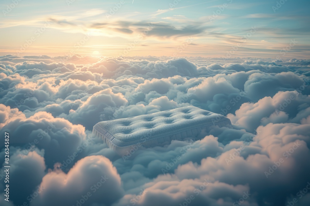 Poster A surreal image of a mattress floating in the clouds with the sun shining in the background. Perfect for dreamy and imaginative concepts