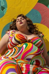 Fototapeta premium pop portrait illustration of a curvy queer woman with pin up fashion and colorful dress outdoor, colorful vibes, inclusion acceptance diversity acceptance concept