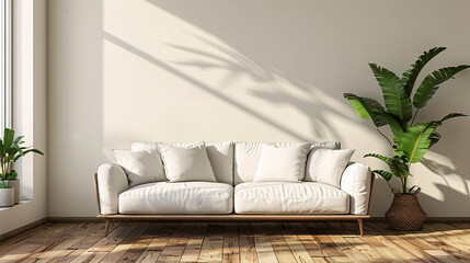 3D mockup of a modern living room with a white wall, green plants, and contemporary furniture