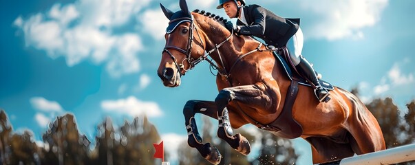 Equestrian Athlete and Steed Clearing Formidable Obstacle in Competitive Showjumping Event