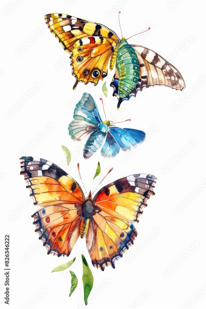 Poster Three colorful butterflies on a plain white background. Suitable for various design projects
