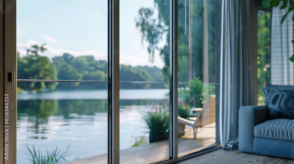 Poster a cozy couch sitting in front of a window overlooking a tranquil lake. perfect for interior design c