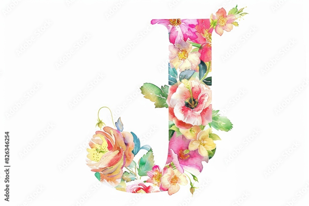 Sticker A beautifully decorated letter J with watercolor flowers. Suitable for various design projects