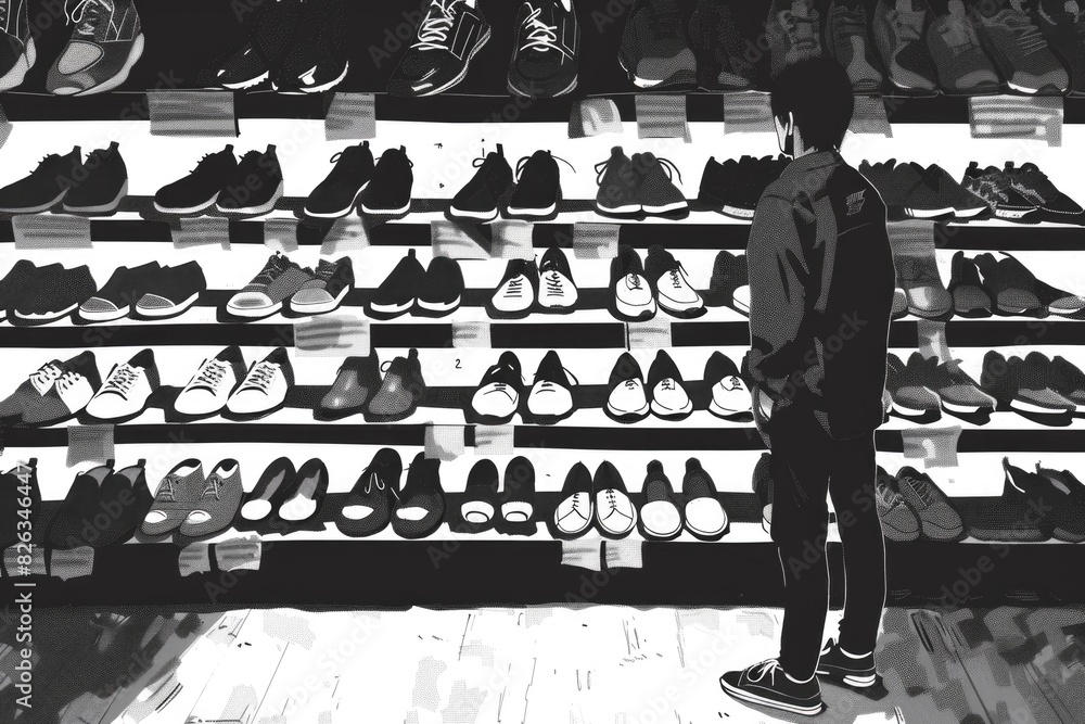 Poster A man standing in front of a rack of shoes. Suitable for fashion or retail concepts