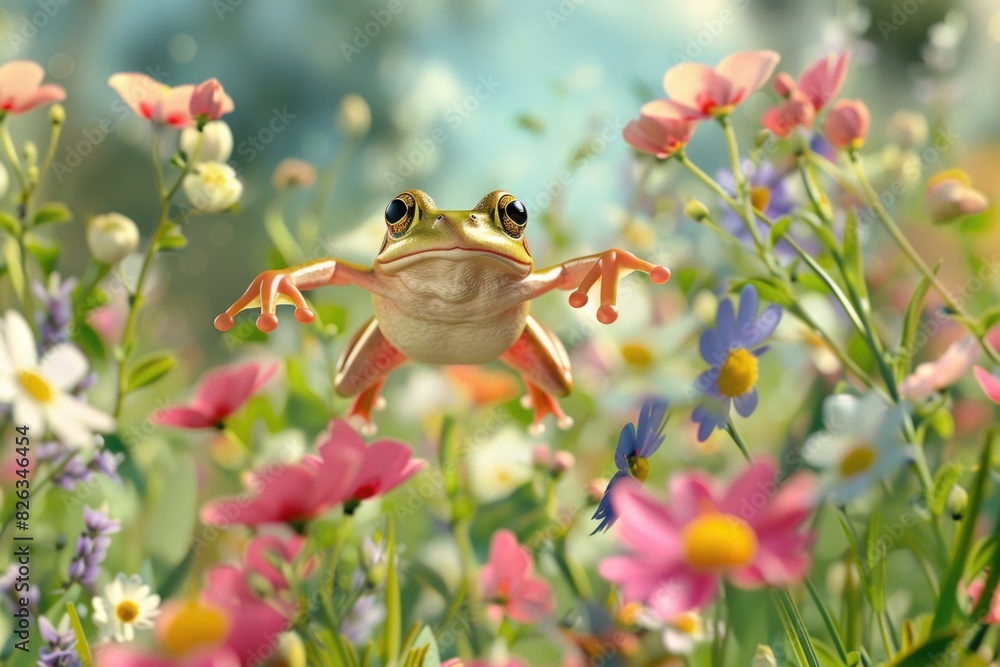 Poster A frog sitting among colorful flowers. Suitable for nature concepts