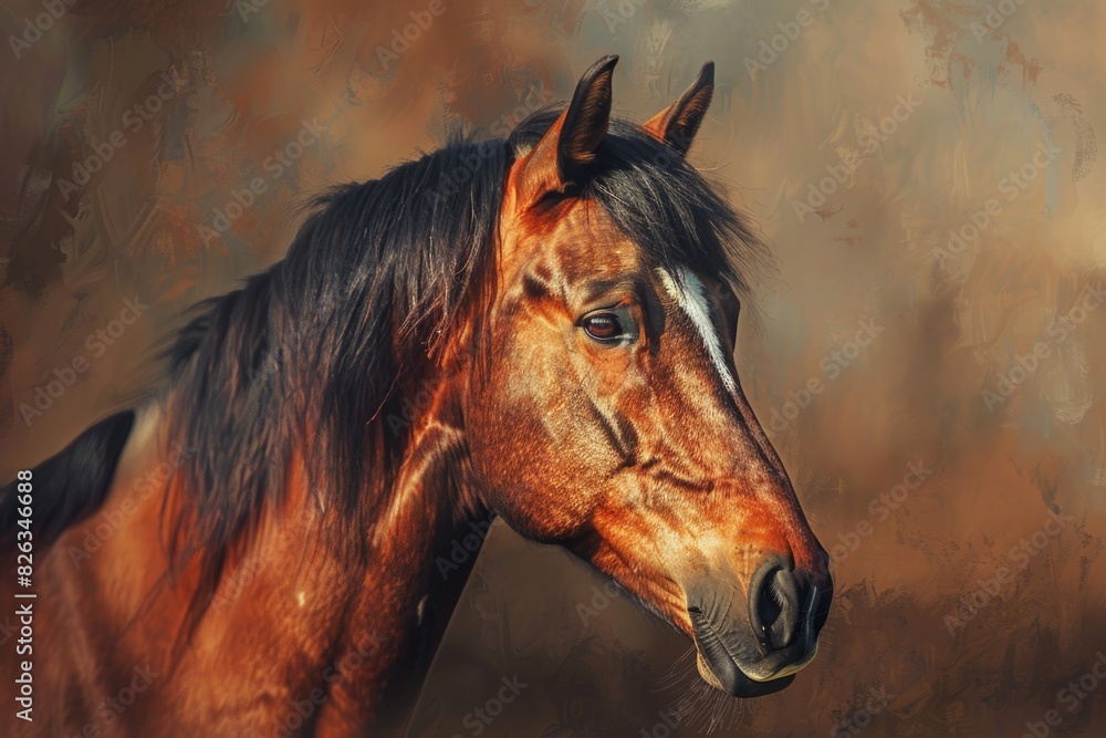 Poster close up view of a horse's face with a blurred background. suitable for animal lovers and equestrian