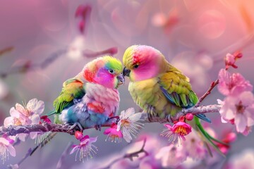 Naklejka premium Two vibrantly colored lovebirds perched on a branch adorned with delicate pink cherry blossoms. The birds are close together, with their beaks almost touching.