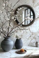 interior elegant scene of a marble texture wall background with a minimal grey vase with flowers a ciruclar mirror, cool oriental style minimalism
