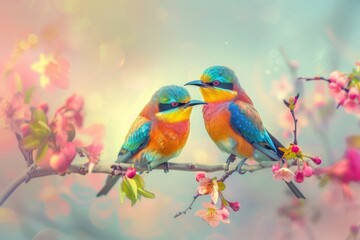 A vivid image featuring two brightly colored birds perched on a branch with blooming flowers. The background is soft and dreamy with pastel bokeh effects, enhancing the tranquil, romantic ambiance.