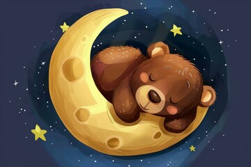 Adorable cartoon bear sleeps peacefully on a crescent moon against a starry night background