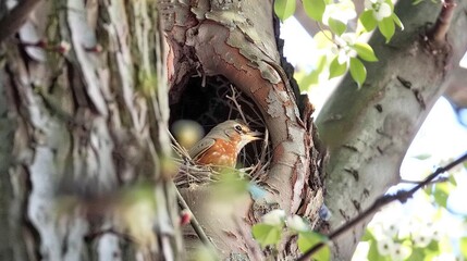 Obraz premium A little bird resides in a cozy nest within a tree trunk growing from another tree trunk