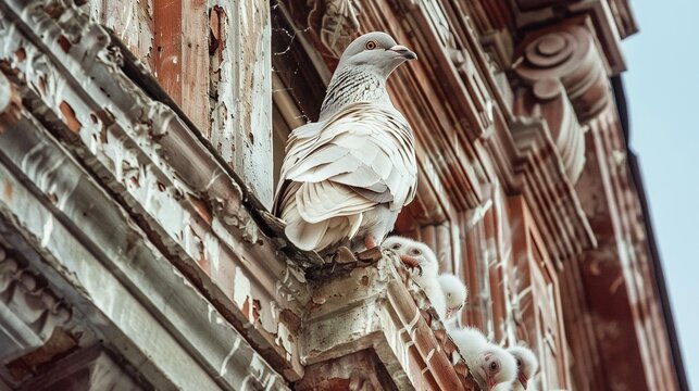   A majestic white bird perched atop a red-brick structure, adjacent to a clock-tower