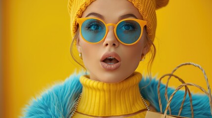 Black Friday Surprise: Young Woman with Sunglasses and Shopping Bags Expresses Astonishment at Deals
