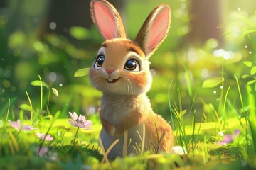 Adorable digital illustration of a smiling cartoon rabbit surrounded by lush greenery and sunlight