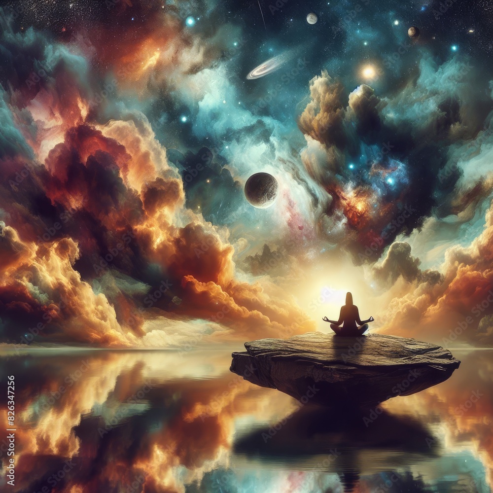 Aufkleber surreal image of a person meditating on a floating rock in a dreamlike cosmic environment with plane