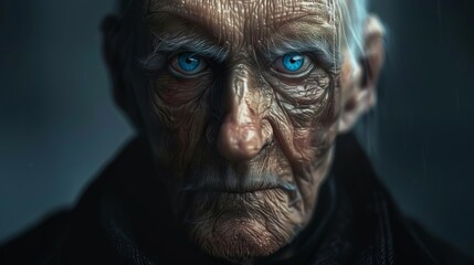 intriguing aigenerated portrait of elderly person with piercing blue eyes fictional character concept