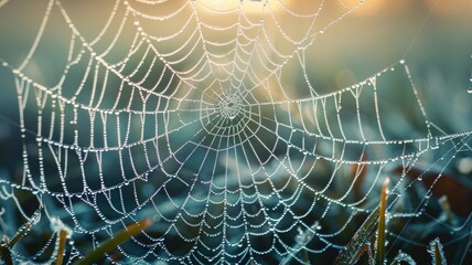 Fototapeta premium Dew-covered spider web glistening in morning light