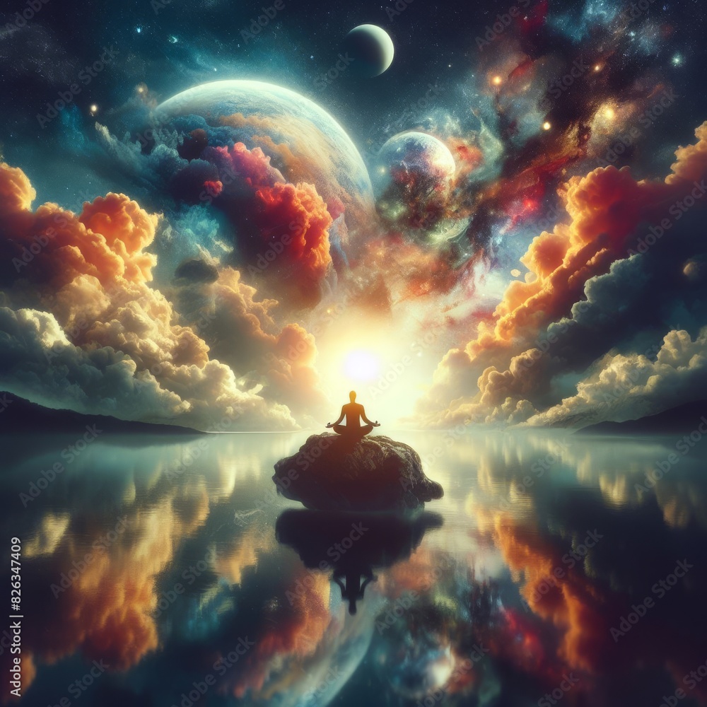 Poster surreal digital artwork featuring a person meditating on a rock in a reflective lake, with colorful 