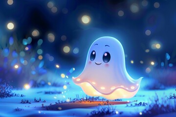 Whimsical illustration of a friendly ghost in a magical glowing forest at night