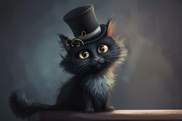 Digital illustration of a charming black cat wearing a top hat and a gold monocle