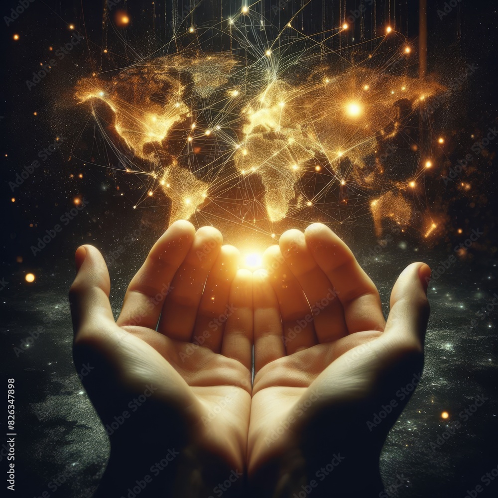 Poster artistic rendering of hands holding a glowing light shaped like a networked globe, representing glob