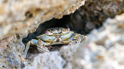 Small crab with pincers hiding among coastal rocks