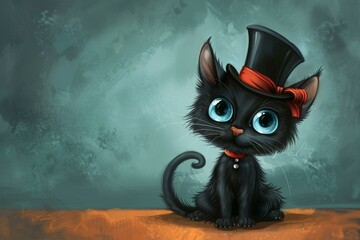 Digital artwork of a cute black kitten with a stylish top hat and bow