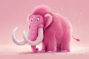Charming digital illustration of a whimsical pink woolly mammoth on a pastel background