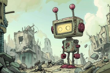 Digital illustration of a solitary robot amidst the ruins of a desolate urban landscape
