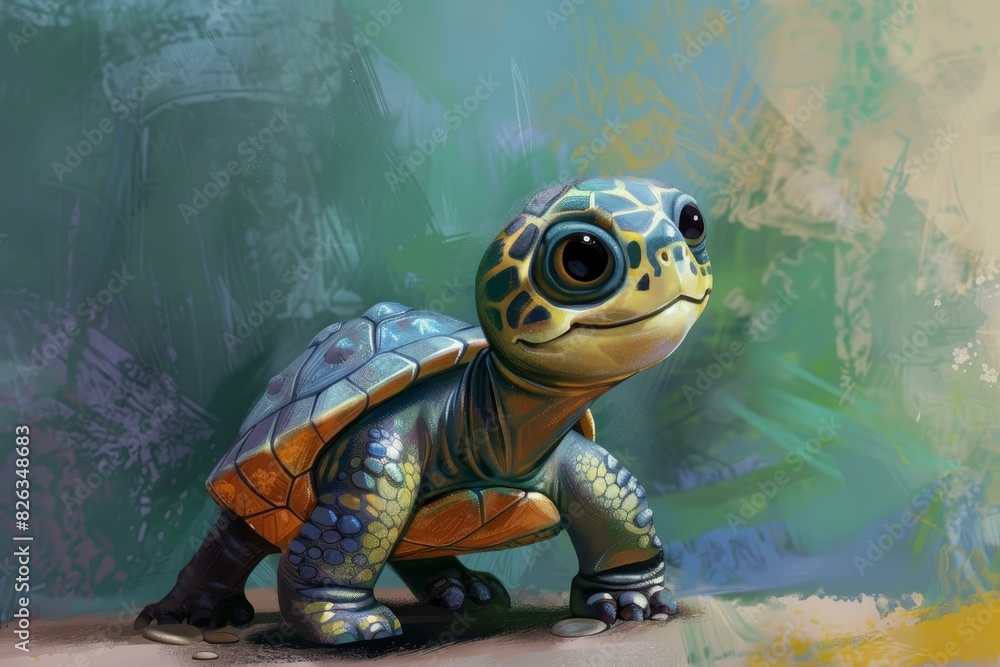 Poster digital art of a stylized turtle with intricate patterns against a vibrant, abstract forest backgrou