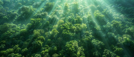 Fototapeta premium Awe-inspiring aerial view of a lush, ancient forest, sunlight filtering through the canopy to the forest floor below