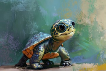 Digital art of a stylized turtle with intricate patterns against a vibrant, abstract forest background