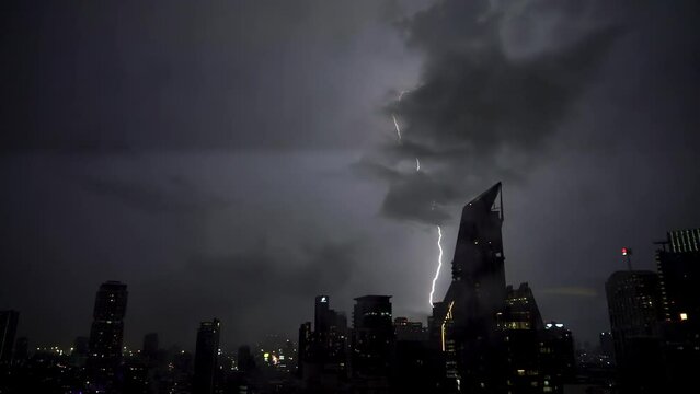 Lightning over the city. Real flashes of lightning over the city during a powerful thunderstorm. Lightning strikes on a dark night sky. 