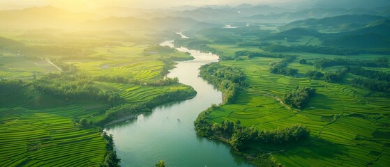 aerial landscape in phong nam valley an extreme scenery landscape at cao bang province vietnam with river nature green rice fields